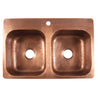 Overhead view of a Sinkology hammered copper double-bowl kitchen sink with a single faucet hole.